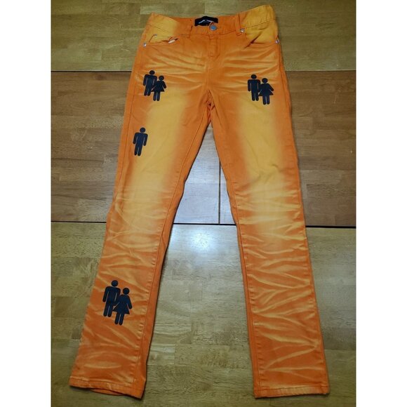 Homme Femme Jeans Size 32 Orange Unisex Couples Modern Stretch Denim Pants - Picture 1 of 13